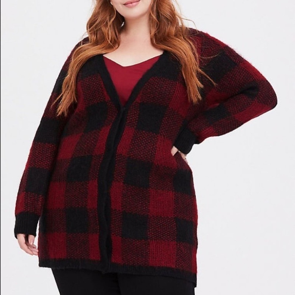 Torrid Dark Red & Black Buffalo Plaid long cardigan shacket 1x